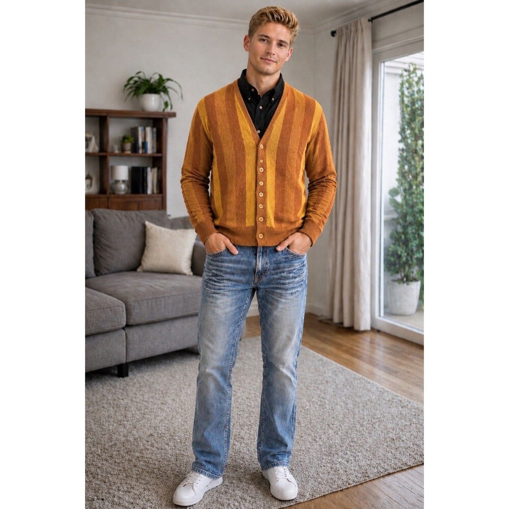 Vintage Wickbury Wool Alpaca Gold Vertical Striped V-Neck Sweater Men’s Size XL